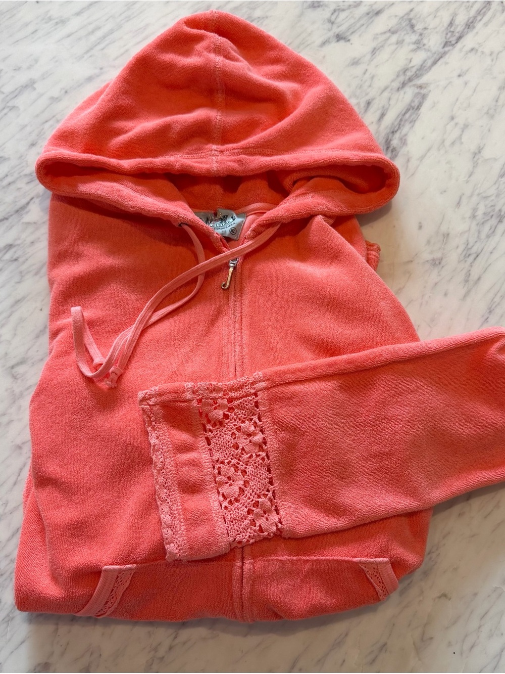 Juicy Couture Vintage Y2K Crochet Lace Hoodie Zip Up Sweatshirt Coral Size XL